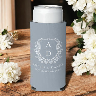 Dusty Blue Crest Modern Monogram Wedding  Seltzer Can Cooler