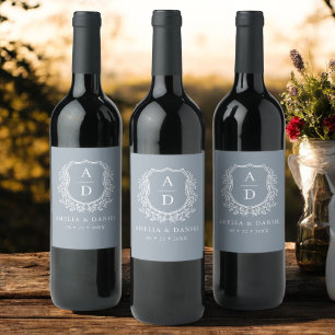 Dusty Blue Crest Modern Monogram Wedding Wine Label