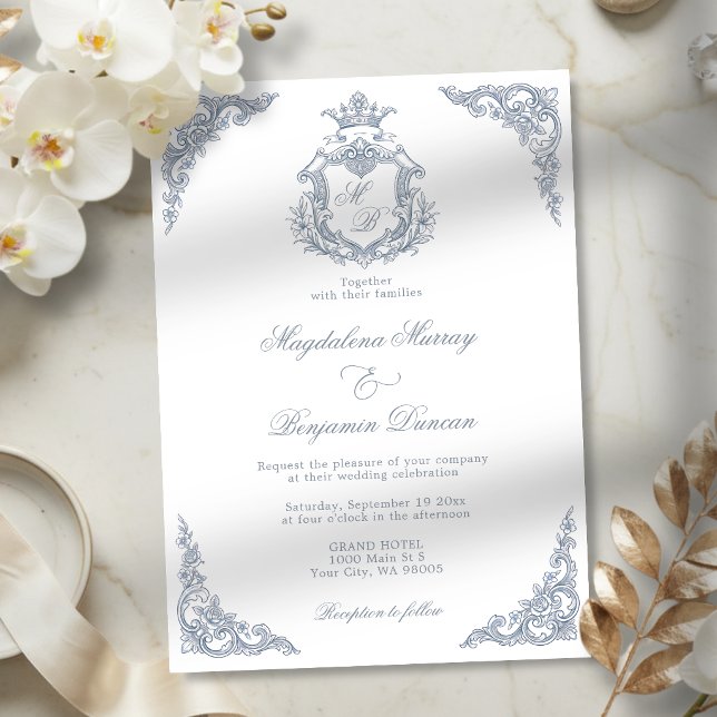 Dusty Blue Crest Monogram Regal Scrollwork Wedding Invitation (Creator Uploaded)