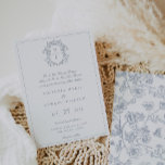 Dusty Blue Crest Monogram Wedding Invitation<br><div class="desc">Dusty Blue Monogram Crest,  wedding invitation. Vintage inspired Regency-Era baroque line art monogram crest. Features,  an elegant dusty blue typography design style mix of script and bold type. Chinoiserie style garden pattern backing.</div>