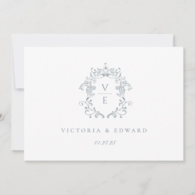 Dusty Blue Crest Monogram Wedding Logo Invitation (Front)
