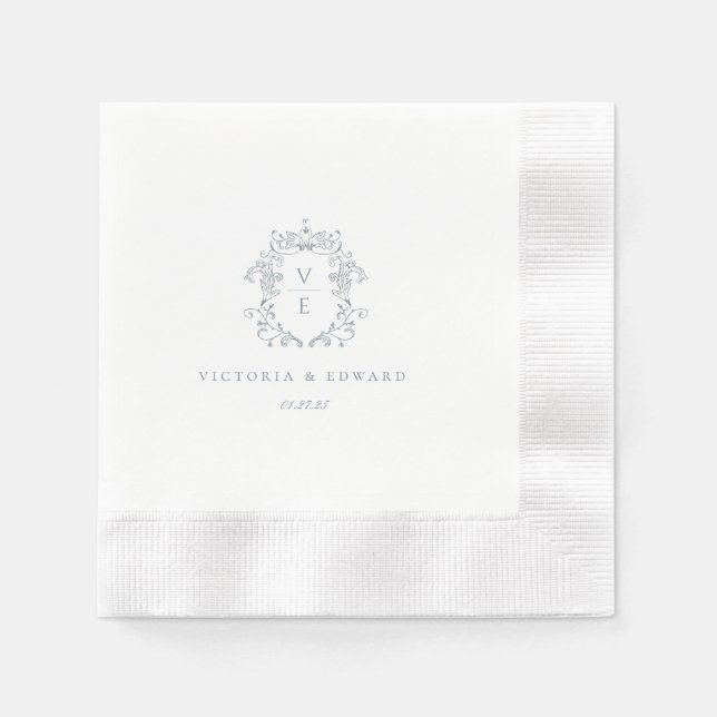 Dusty Blue Crest Monogram Wedding Napkin (Front)