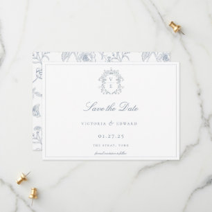 Dusty Blue Crest Monogram Wedding QR Code Save The Date