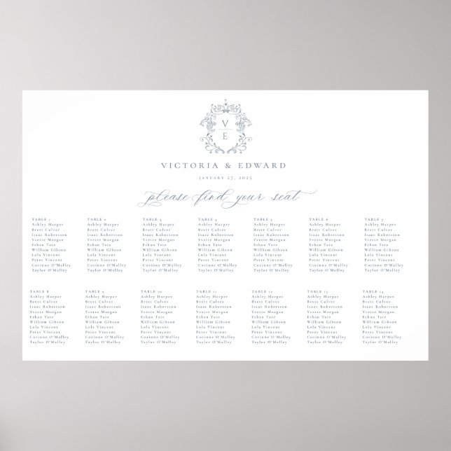 Dusty Blue Crest Monogram Wedding Seating Chart (Front)