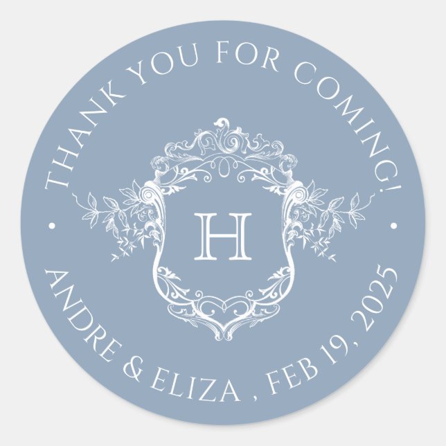 Dusty Blue Crest Monogram Wedding Sticker (Front)