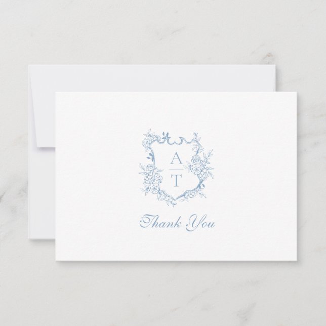 Dusty Blue Crest Monogram Wedding Thank You Card (Front)