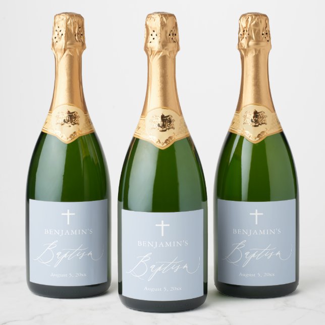 Dusty Blue Cross Baptism Sparkling Wine Bottle Lab Sparkling Wine Label (Bottles)