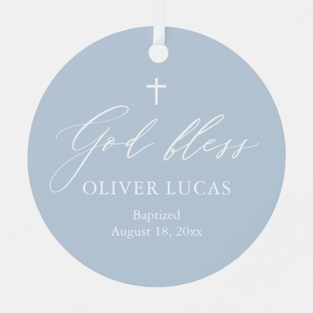 Dusty Blue Cross Boy Baptism Ceramic Ornament (Front)