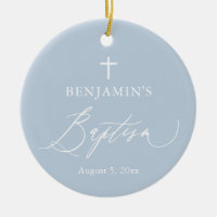 Dusty Blue Cross Boy Baptism Ceramic Ornament