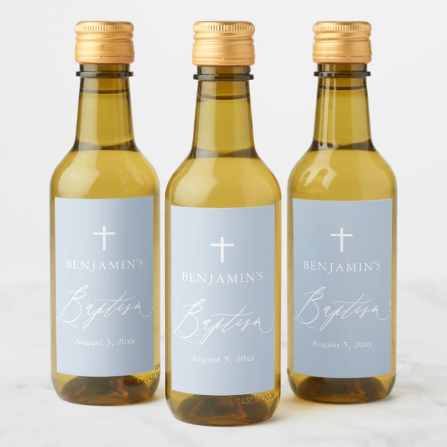 Dusty Blue Cross Boy Baptism Mini Wine Label (Bottles)