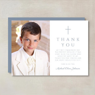 Dusty Blue Cross Boy First Communion Photo Thank You Card