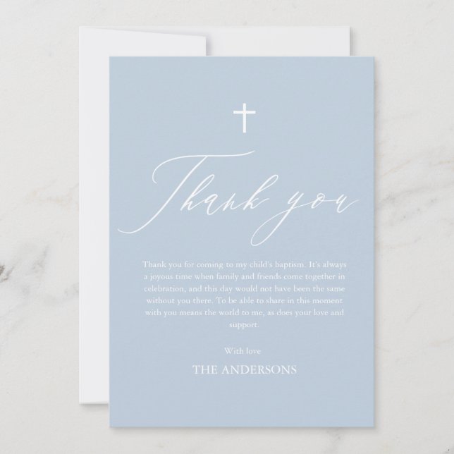 Dusty Blue Cross Boy Photo Baptism Thank You Card (Front)