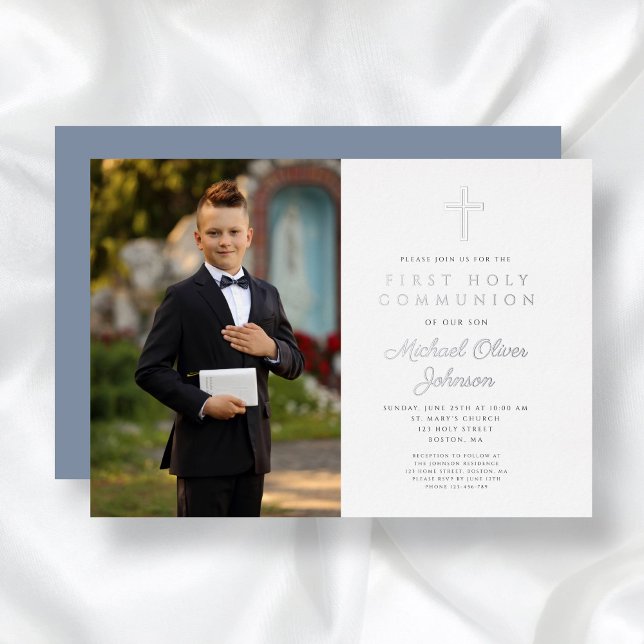 Dusty Blue Cross Boy Photo First Communion Silver (Dusty Blue Cross Boy Photo First Communion Silver Foil Invitation)
