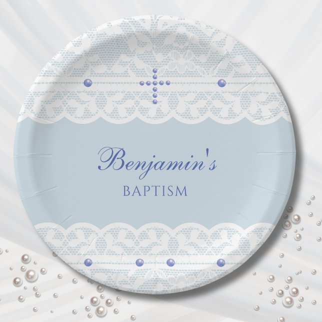 Dusty Blue Cross Christening Christian Baptism Paper Plate (Creator Uploaded)
