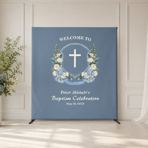 Dusty Blue Cross Floral Crest Baptism Backdrop Tapestry