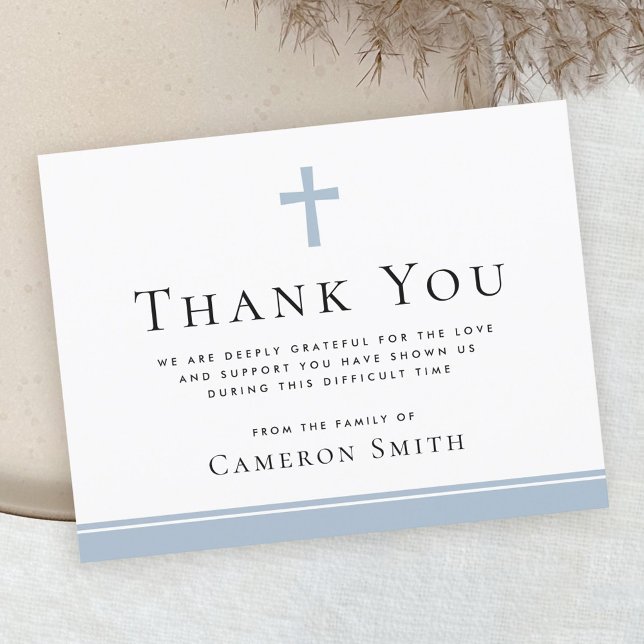 Dusty blue cross funeral sympathy thank you card (Creator Uploaded)