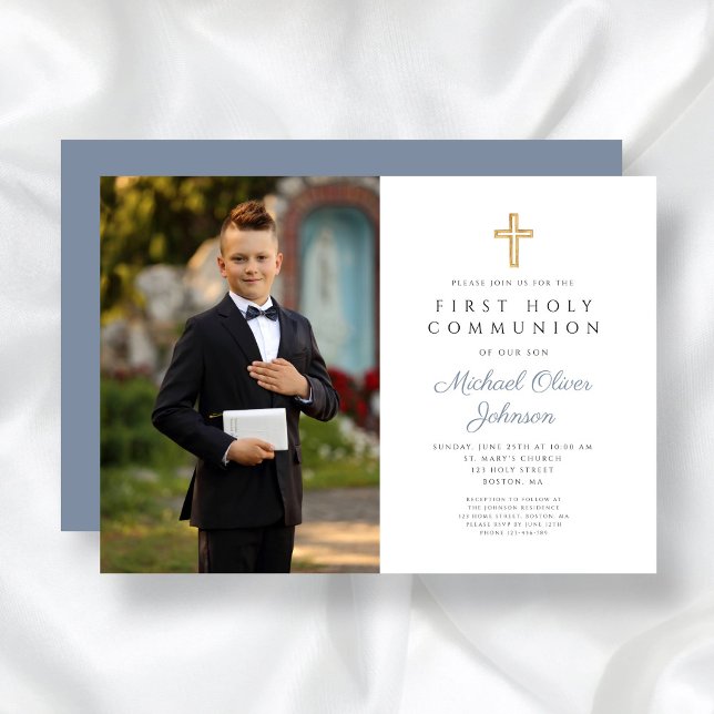 Dusty Blue Cross Photo Boy First Communion  Invitation (Dusty Blue Cross Photo Boy First Communion Invitation)