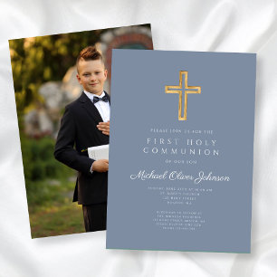 Dusty Blue Cross Photo Boy First Communion Invitation