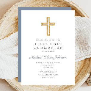 Dusty Blue Cross Religious Boy First Communion Invitation