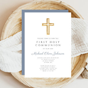 Dusty Blue Cross Religious Boy First Communion Invitation