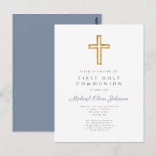 Dusty Blue Cross Religious Boy First Communion Postcard