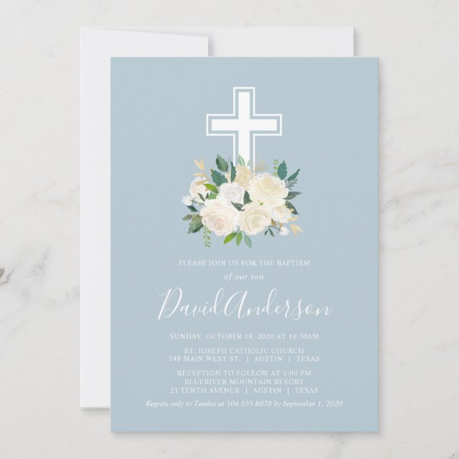Dusty Blue Cross with Cream Florals, Boy Baptism Invitation (Front)
