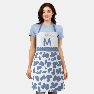 Dusty Blue Custom Name & Monogram Cow Pattern Apron