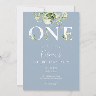 Dusty Blue Cute Floral Greenery 1st Birthday Invitation