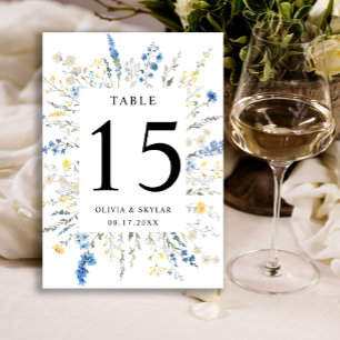 Dusty Blue Dainty Wild Floral Boho Yellow Wedding Table Number