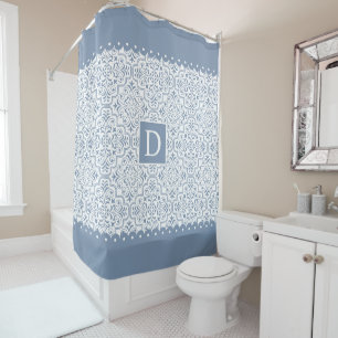 Dusty blue damask scalloped borders monogram shower curtain