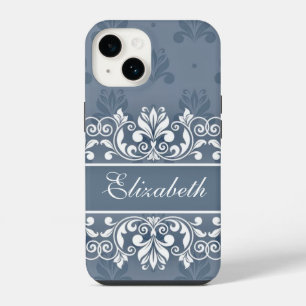 Dusty blue Damask swirl name Case-Mate iPhone Case