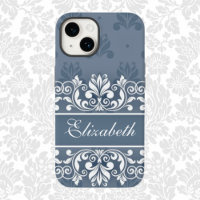Dusty blue Damask swirl name Case-Mate iPhone Case