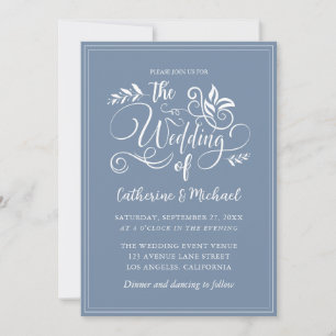 Dusty Blue Decorative Wedding Calligraphy Invitation
