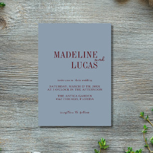 Dusty Blue Deep Burgundy Minimalist Clean Wedding Invitation