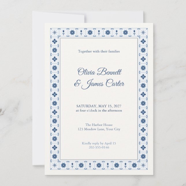Dusty Blue Delft Tile Border Wedding Invitation (Front)