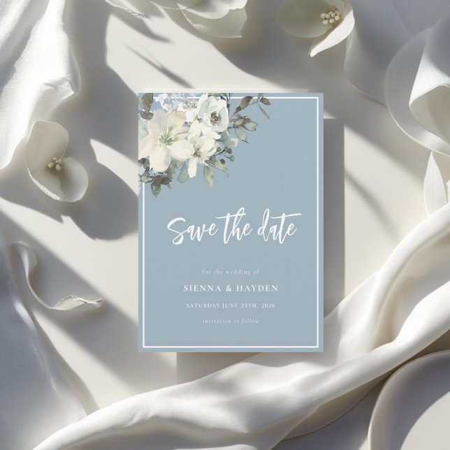 Dusty Blue Delicate Floral Save The Date Card (Creator Uploaded)