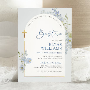 Dusty Blue Delphinium Floral Arched Boy Baptism Invitation