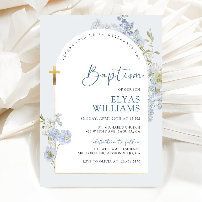 Dusty Blue Delphinium Floral Arched Boy Baptism Invitation (Creator Uploaded)