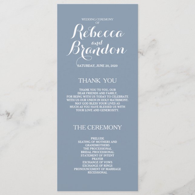 Dusty Blue Designer Script Custom Wedding Program (Front)