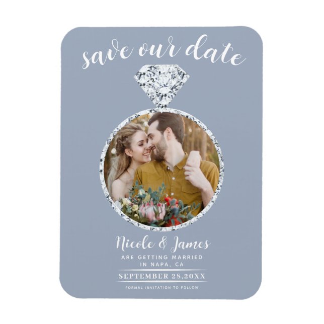 Dusty Blue Diamond Ring Bling Photo Save the Date Magnet (Vertical)