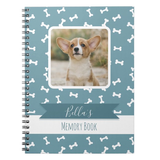 Dusty Blue Dog Bone Pet Photo Memory Notebook (Front)