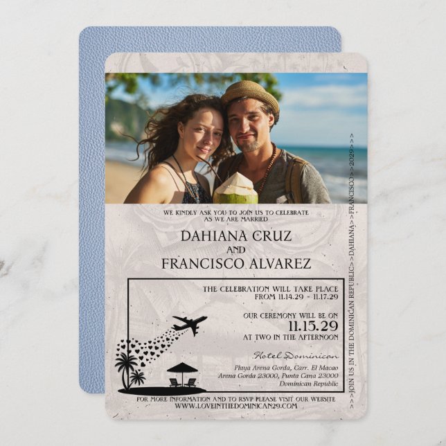 Dusty Blue Dominican Republic Passport Wedding Invitation (Front/Back)