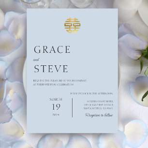 Dusty Blue Double Happiness Chinese Korean Wedding Invitation
