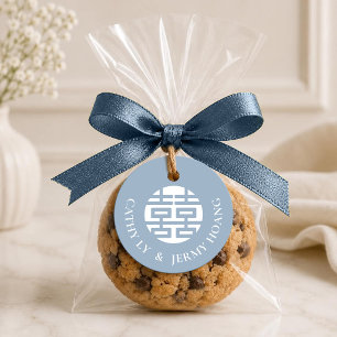 Dusty Blue Double Happiness Wedding Round Favour Tags