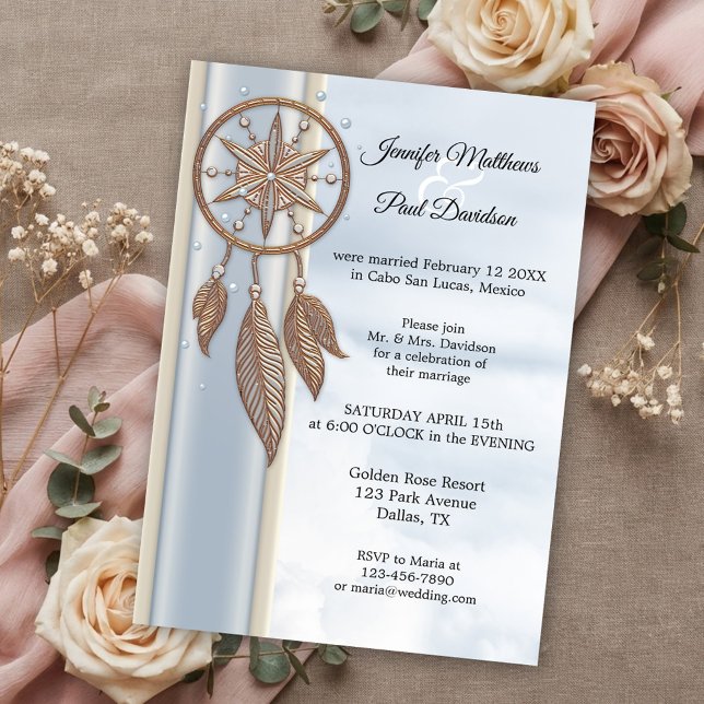Dusty Blue Dreamcatcher Wedding Reception Only Invitation (After wedding invitation featuring a dusty blue design with a rose gold dreamcatcher)