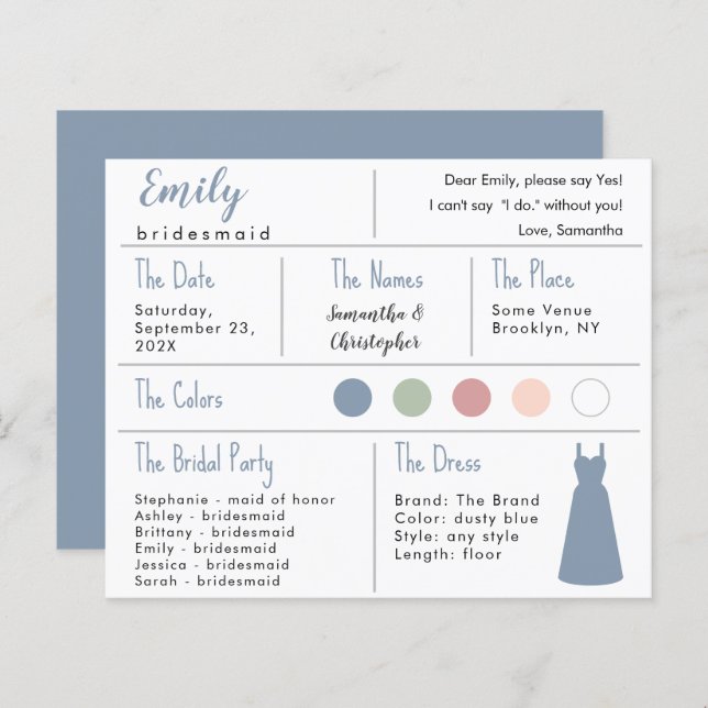 Dusty Blue Dress Colour Bridesmaid Information Car (Front/Back)