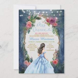 Dusty Blue Dress Dark Forest Floral Mis Quince Invitation