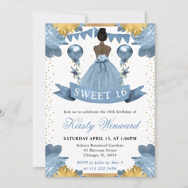 Dusty Blue Dress Dark Skin Princess Sweet 16 Invitation (Front)