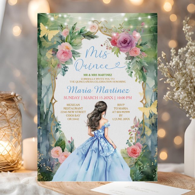Dusty Blue Dress Forest Pink Floral Mis Quince Invitation (Creator Uploaded)