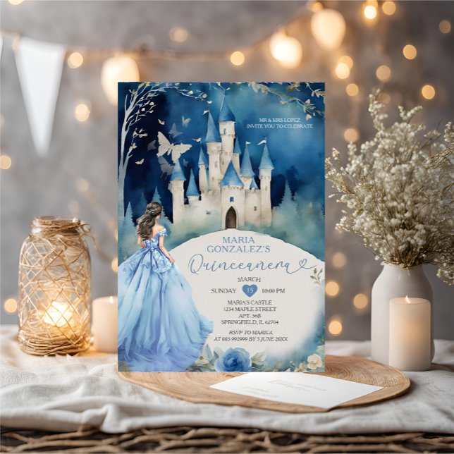 Dusty Blue Dress Forest Silver Castle Quiñceanera Invitation (Creator Uploaded)